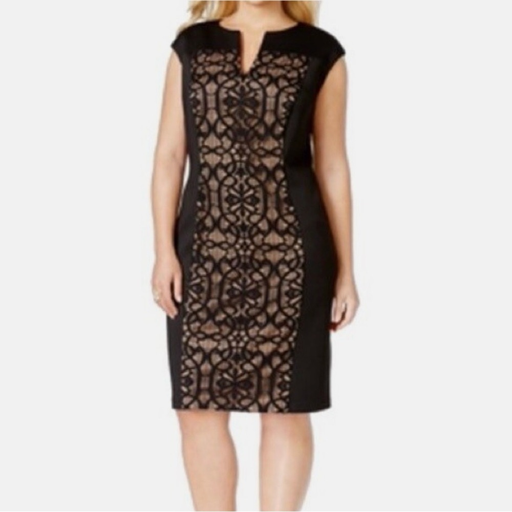 connected apparel Black Lace-Panel Midi Sheath Dress